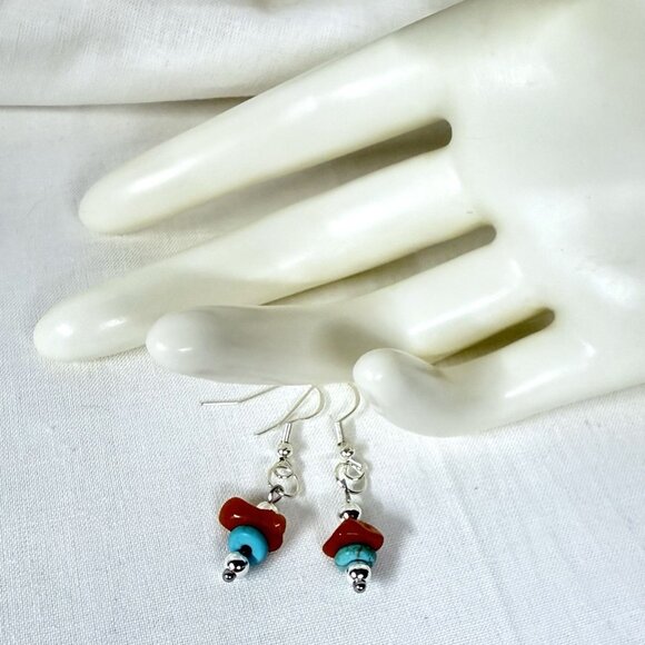 REIMAGINED Carnelian & Blue Howlite Beaded Earrings on Sterling Silver Hooks - Picture 5 of 8